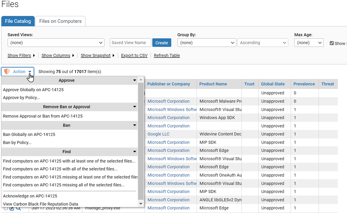 The File Catalog tab showing the Action menu