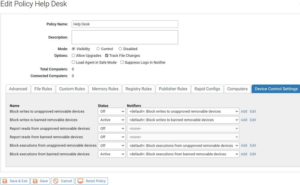 The Device Control Settings tab on the Edit Policy page