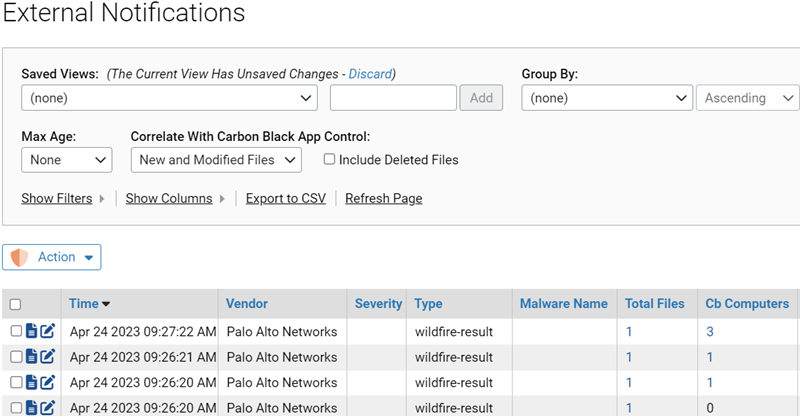 The External Notifications table in the console