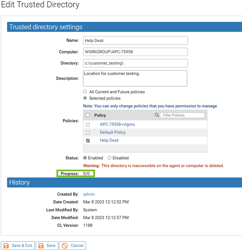 The Edit Trusted Directory page with the Progress field highlighted