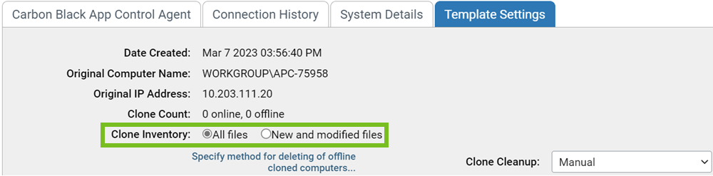 The Template Settings tab with the Clone Inventory field highlighted