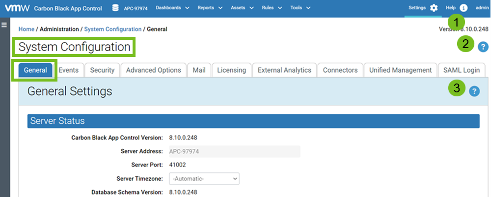 The System Configuration page showing help icons with links to online, page, and context-sensitive help