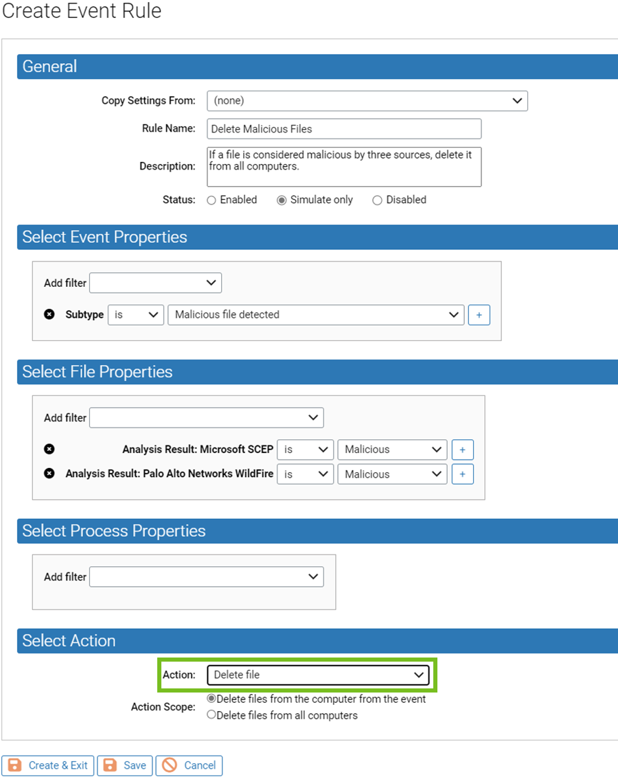 The Create Event Rule page showing the Action menu with the Delete file option selected