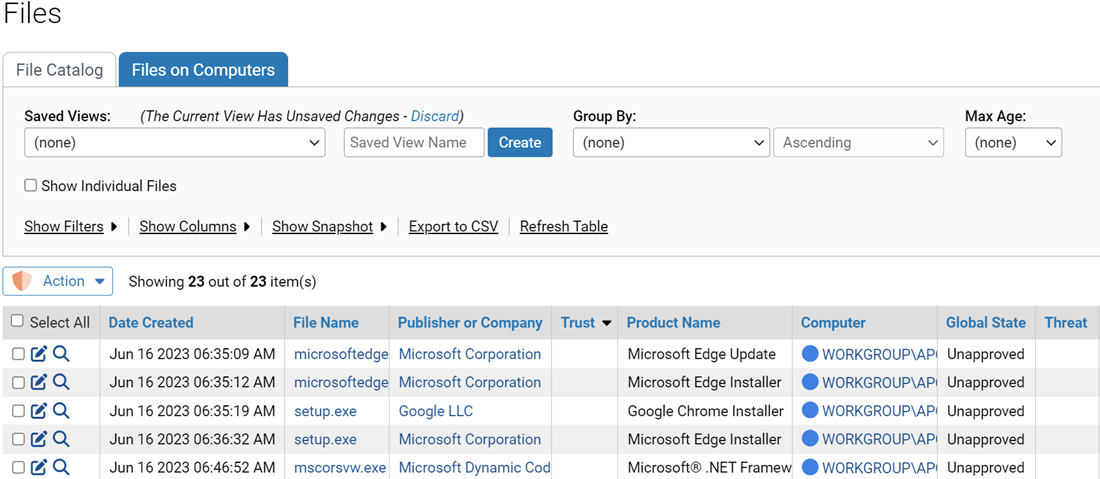 The Files page table