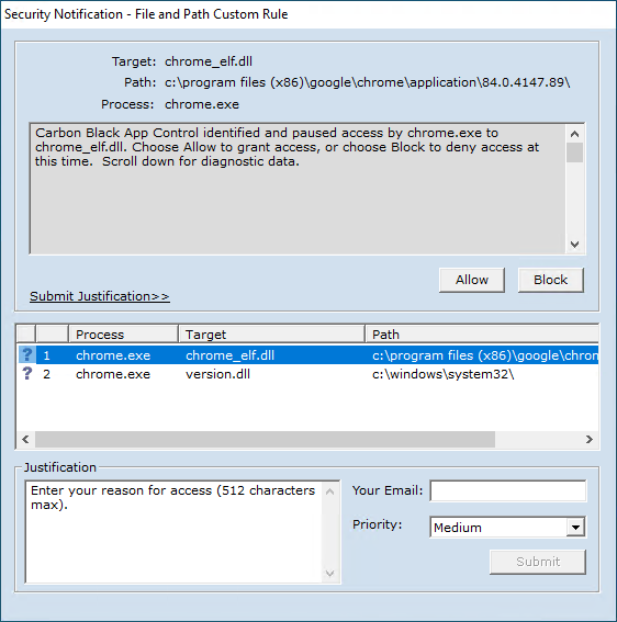 A prompt notifier for an action governed by the File and Path Custom rule