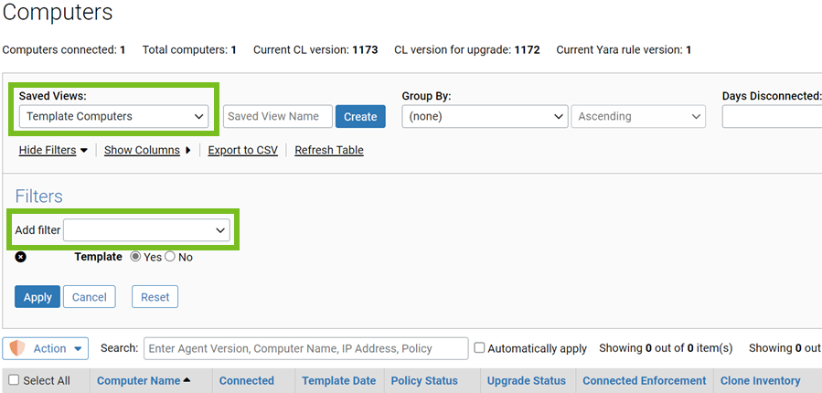 The template computers view showing the list of computers that are templates