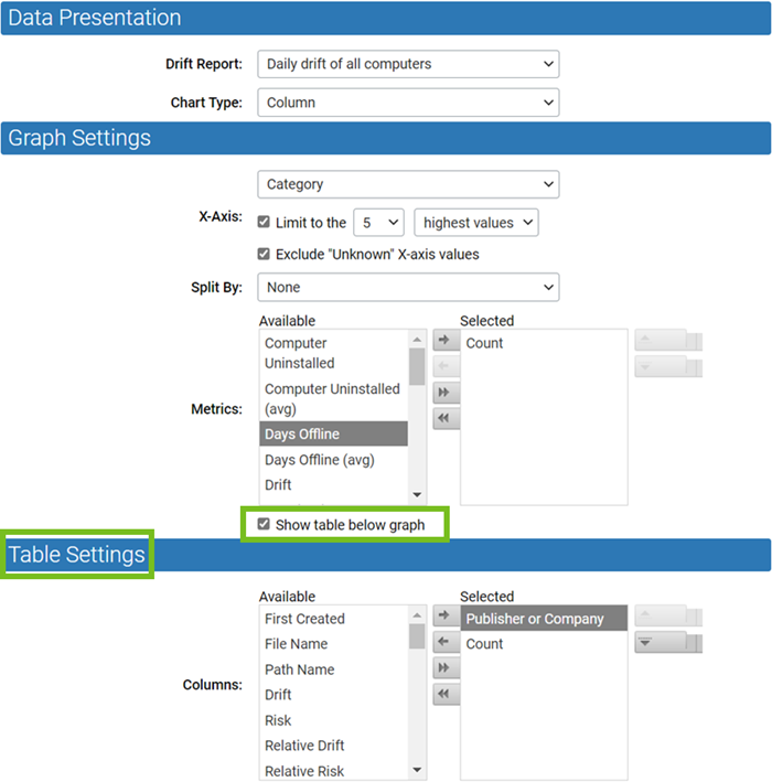 The Table Settings panel