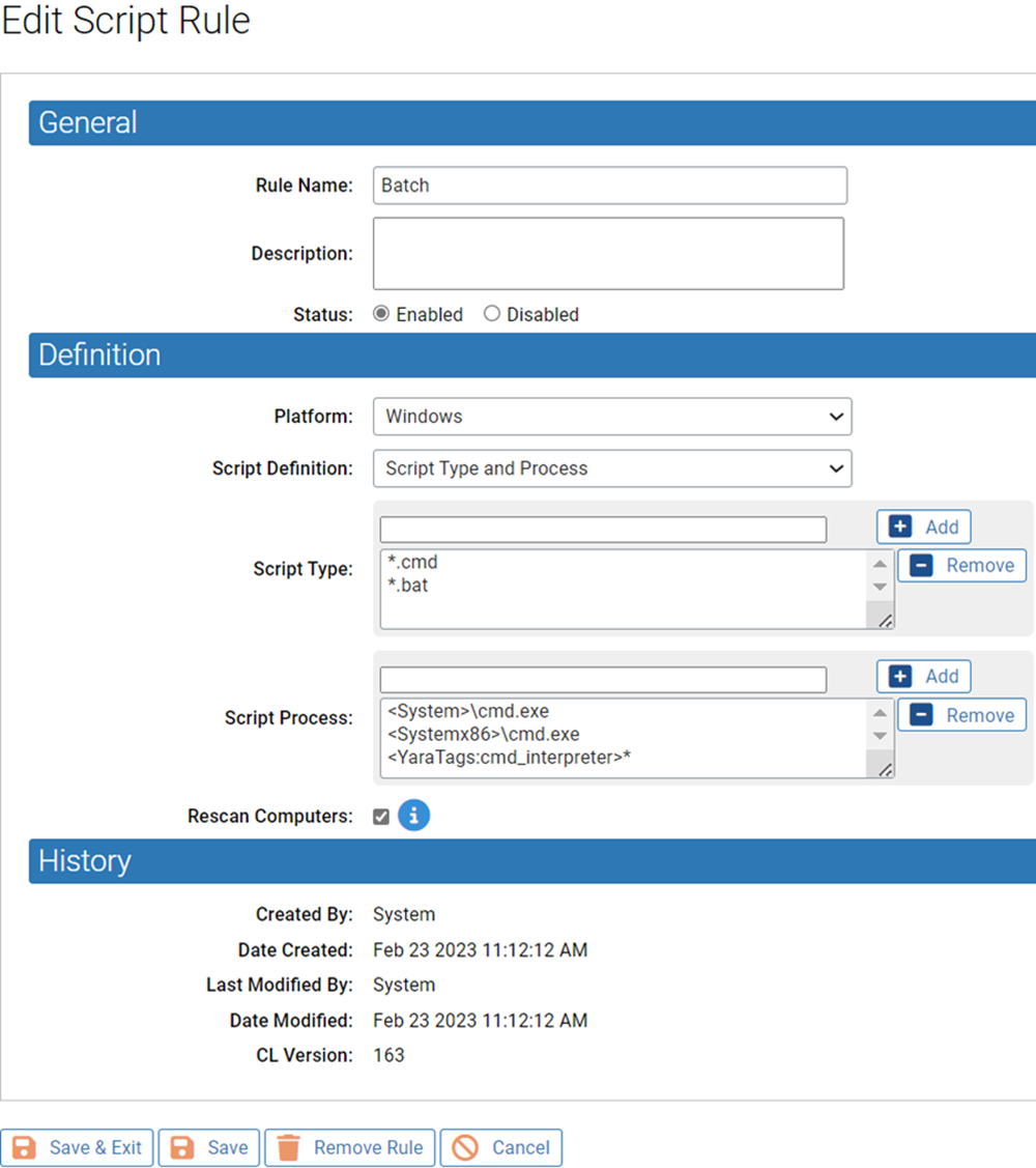 The Edit Script Rule page showing the Batch Script rule