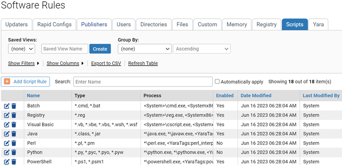The Scripts tab on the Software Rules page