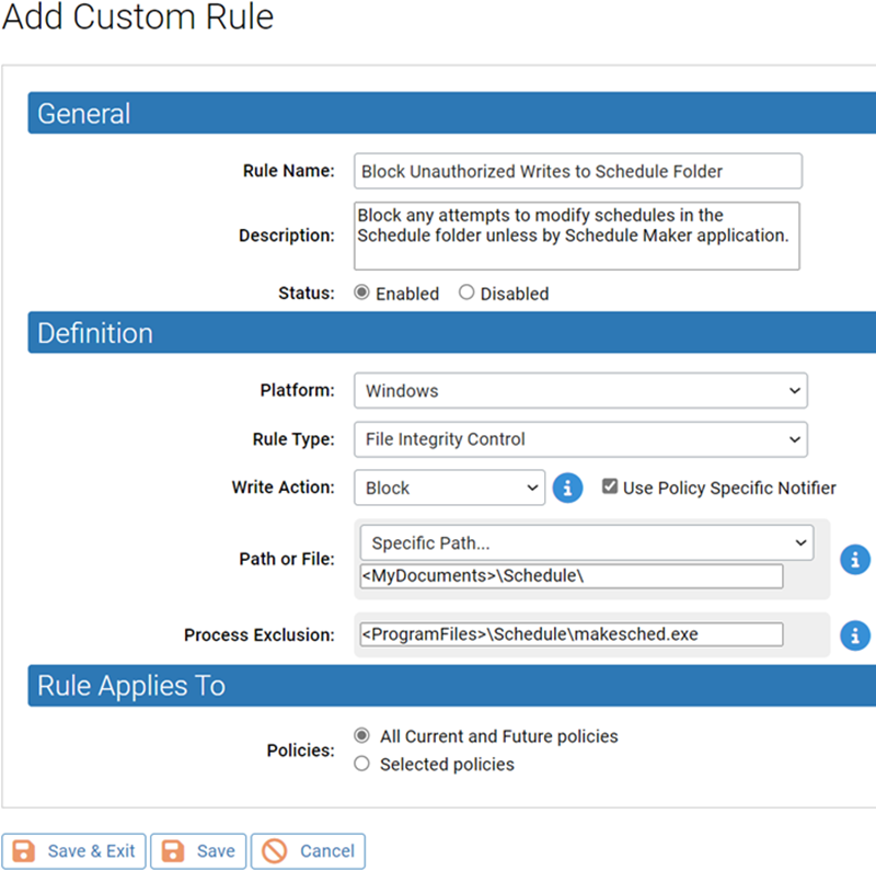 Example of adding a Custom rule with the File Integrity Control rule type.