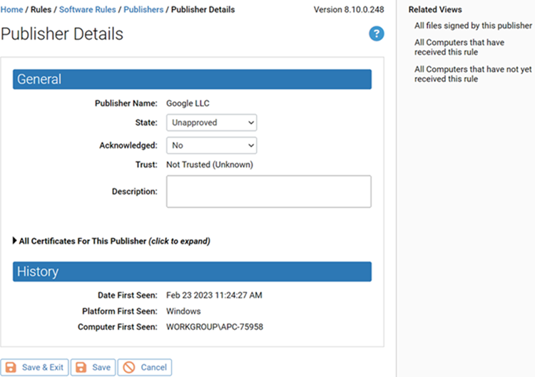The Publisher details for the selected publisher
