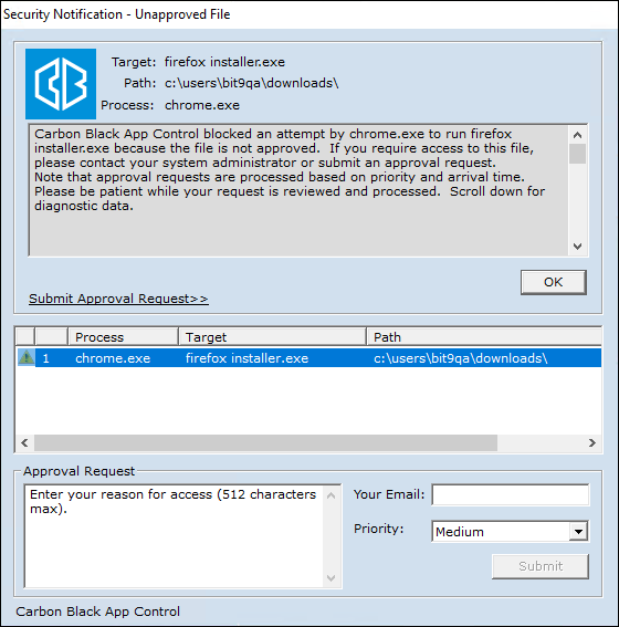 The Security Notification Unapproved File page showing the Approval Request selected