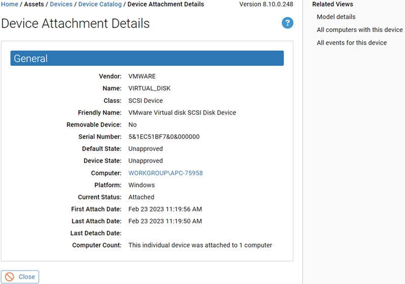 The Device details page with the Related Views menu