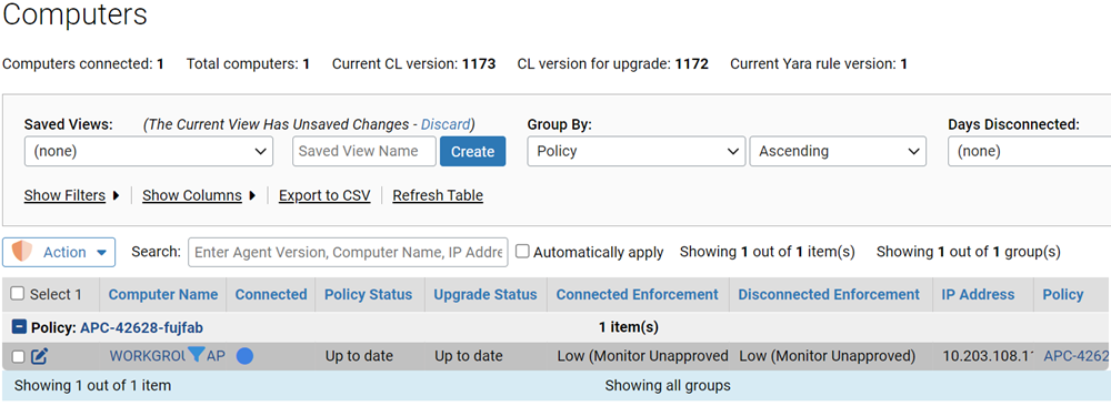 The Computers page showing computers grouped by policy