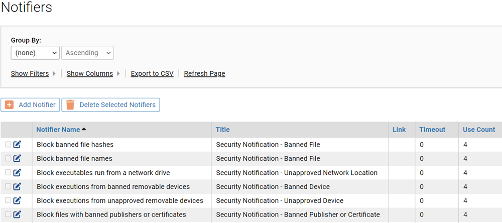 The Notifiers page listing the names of all notifiers and the related actions.