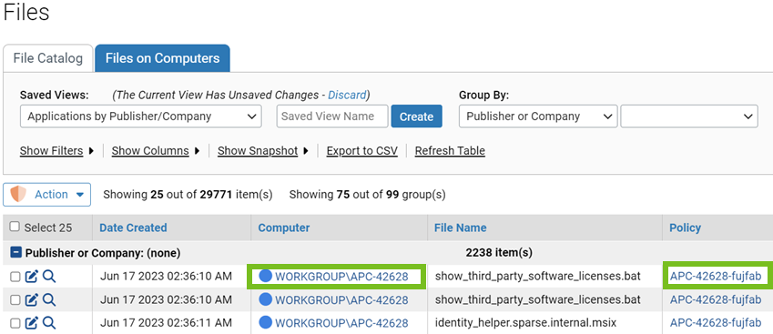 The Computers page with shortcut links highlighted on a Computer name and a Publisher or Company name