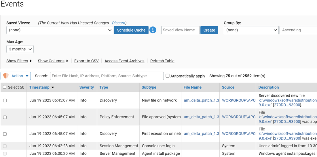 The Events page with events listed