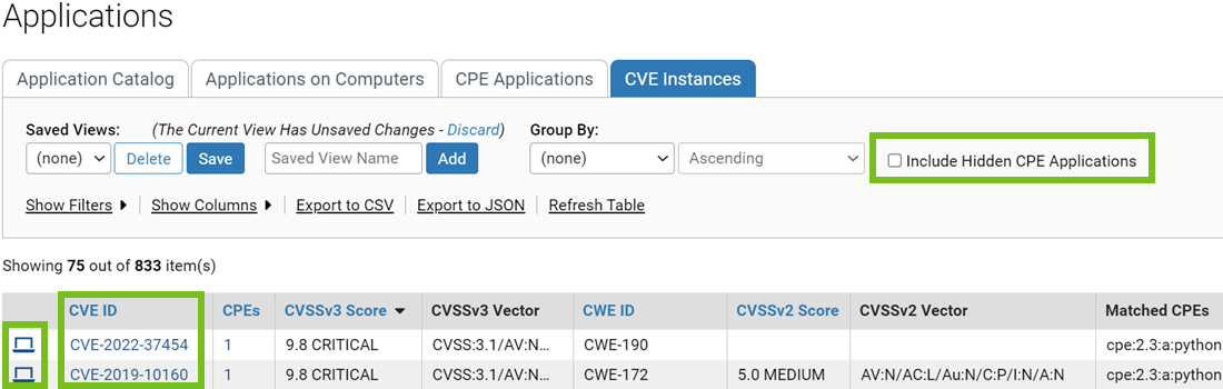 The CVE instance tab