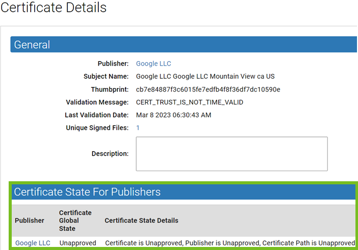 The Certificates Details page with the Certificate State for Publishers panel highlighted