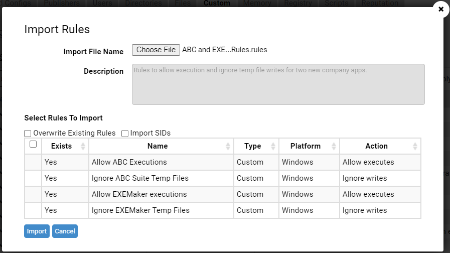 The Import Rules dialog with the listed rules you can import.