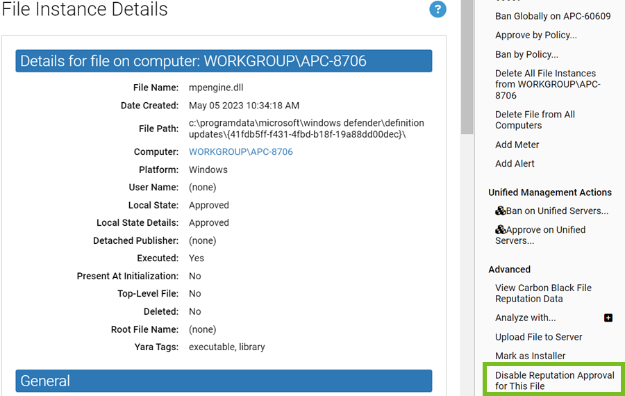 The Advanced menu with the Disable Reputation Approval for this File highlighed