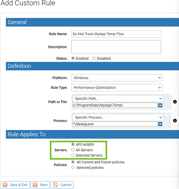 The servers field on the Add Custom Rule page in the rule applies to panel