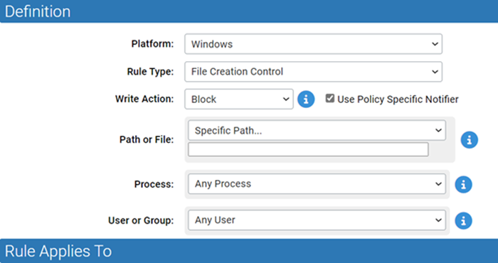 Example of adding a Custom rule with the File Creation Control rule type