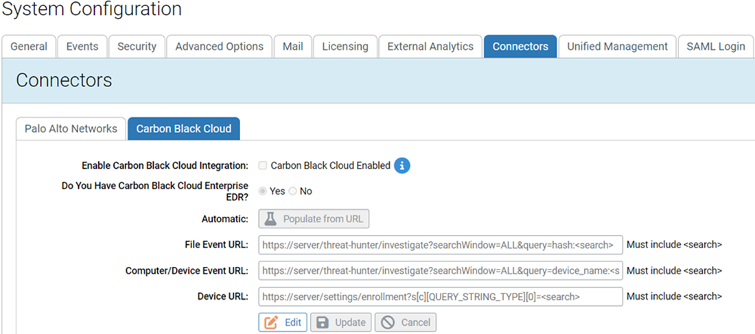 The System Configuration connectors tab showing the Carbon Black Cloud connector page