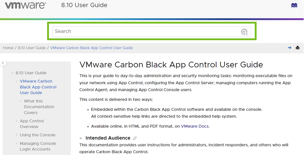 The Search box in the Carbon Black App Control Help Center