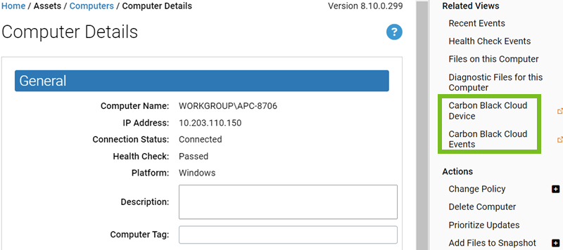 The Computer Details page links when the connector is configured