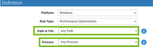 The Definition for a Custom Rule with the Path or File field and the Process field highlighted