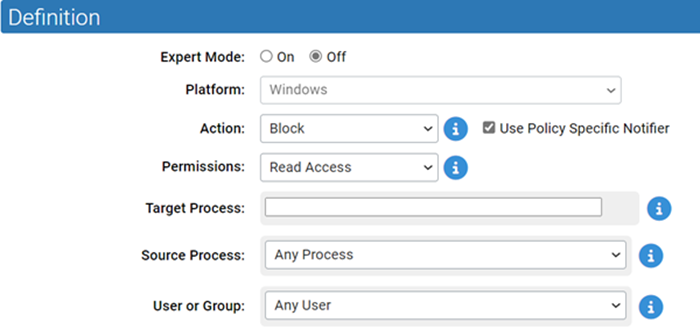 The Target Process and Source Process fields you set in the memory rule definition settings for managing access to processes