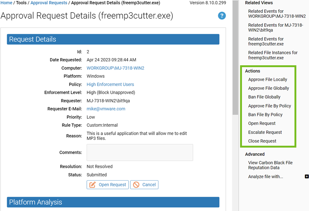The Approval Request Details page with the Actions Menu highlighted