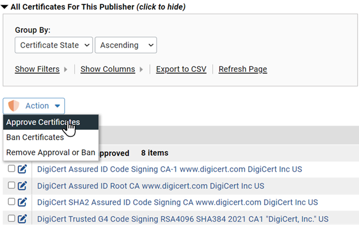 The Action menu with Approve Certificates selected on the All Certificates for this Publisher Image panel