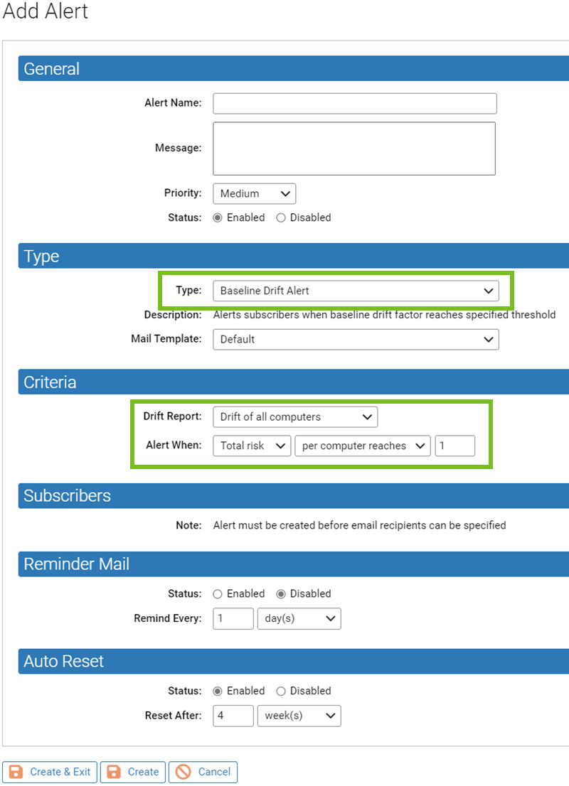 The Add Alert page with the Type, Drift Report, and Alert When fields highlighted