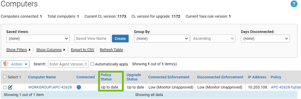 The computers table with Policy Status column highlighted