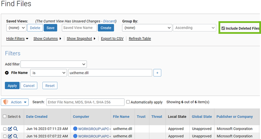 The Include deleted files field in the Find Files results