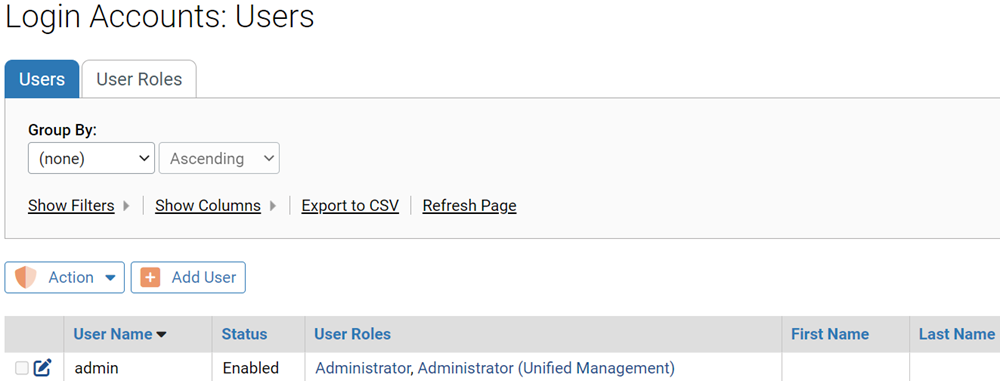 The Users tab on the Login Accounts page showing the list of users