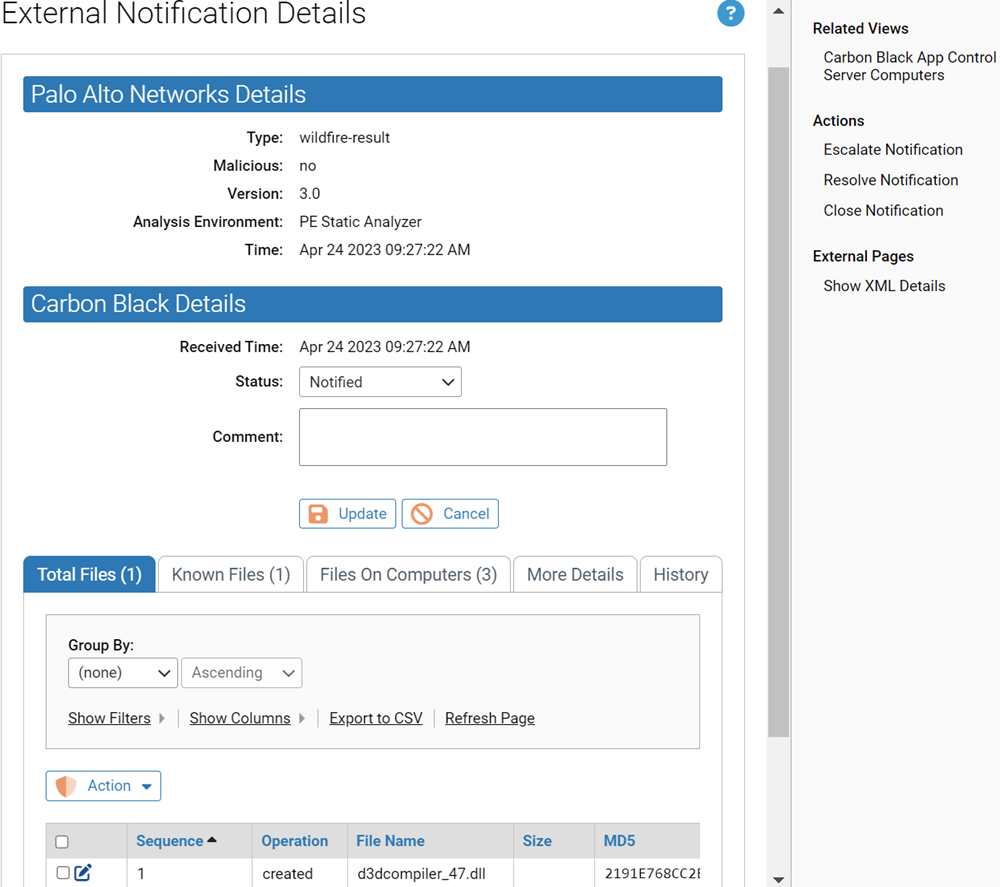 Image of the External Notification Details page