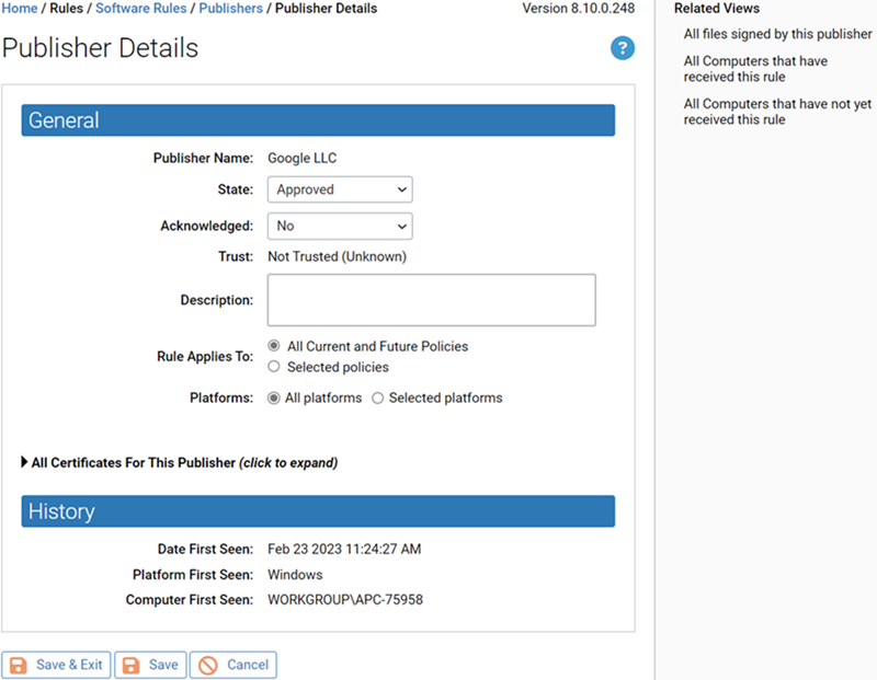 The Publisher Details page for the selected publisher