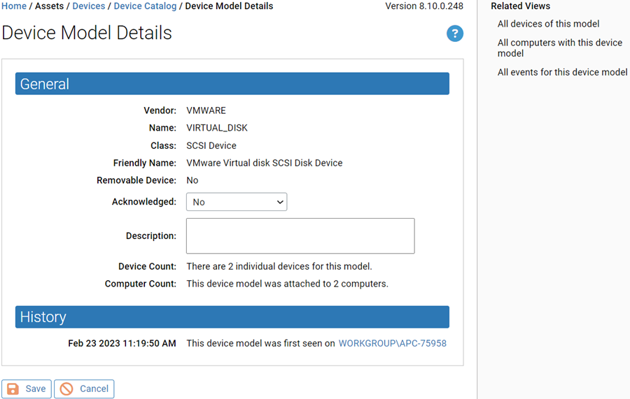 The Device model details page with the Related Views menu