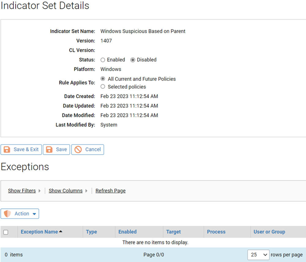 The Indicator Set Details
