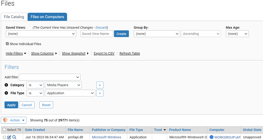 The Files on Computer tab showing the Add Filter menu