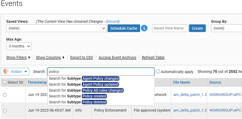 The Events page displaying the auto-completion menu list for the string entered