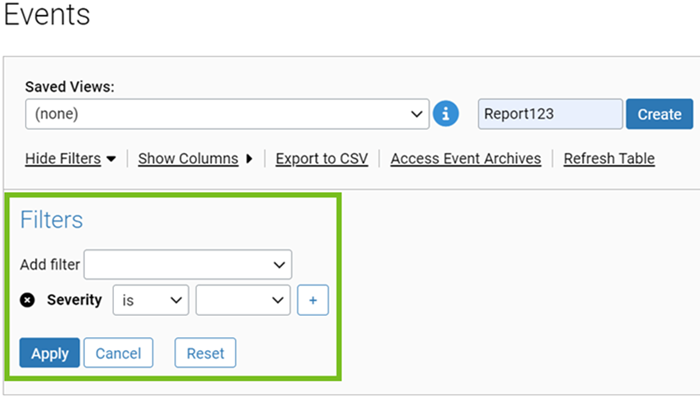 The Saved Views section with the Filters section selected