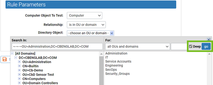 The AD object browser showing the Deep search results