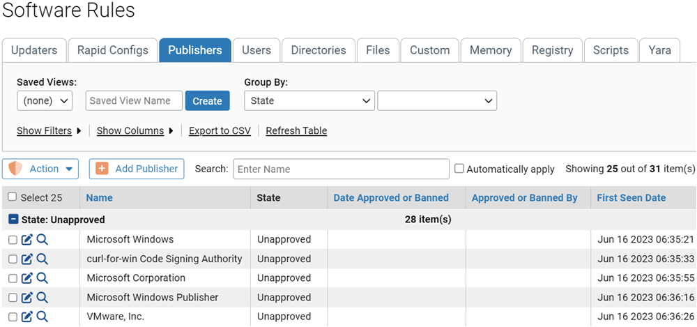 The Publishers tab on the Software Rules page