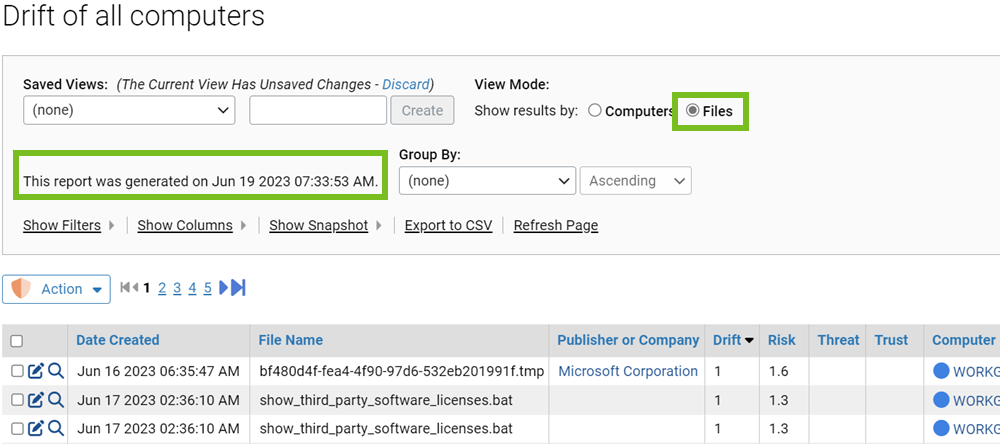 The associated files in the drift report