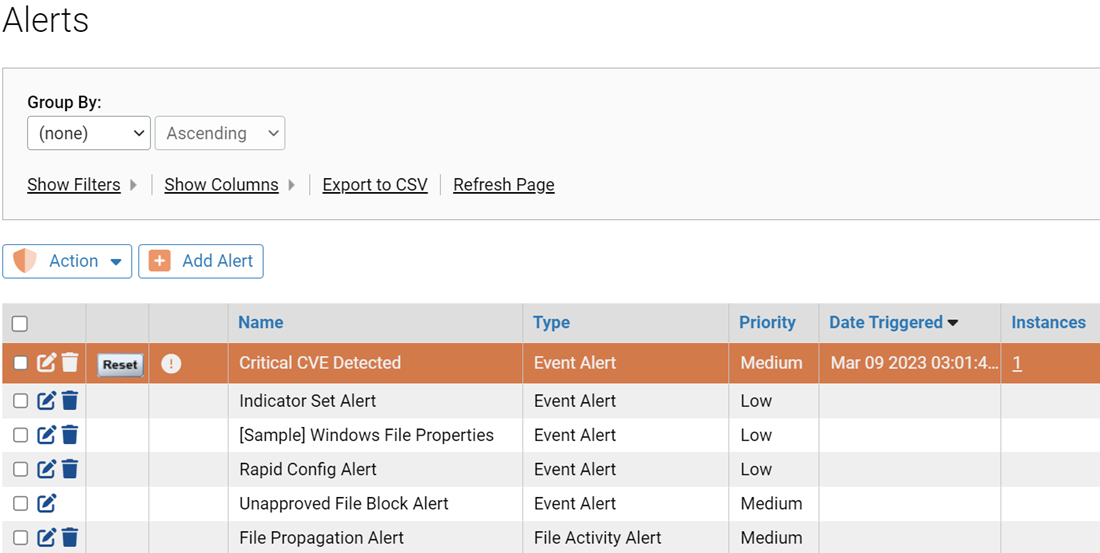 The Alerts page showing alerts without grouping and sorted by date triggered