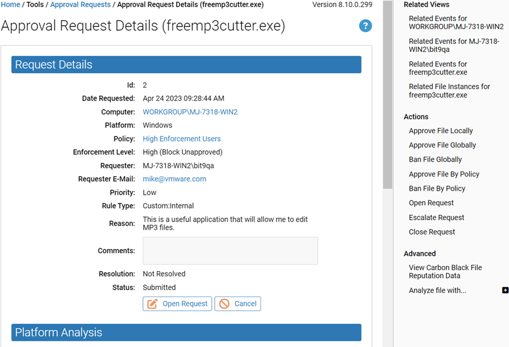 The details page for an approval request.